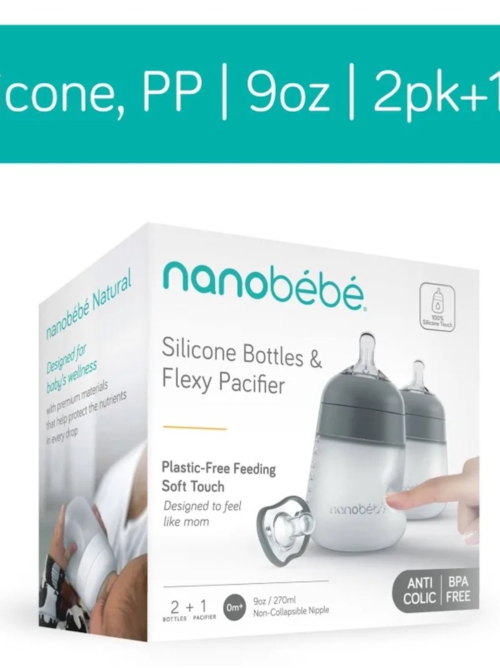 nanobébé Silicone Baby Bottles & Flexy Pacifier - Gray/White